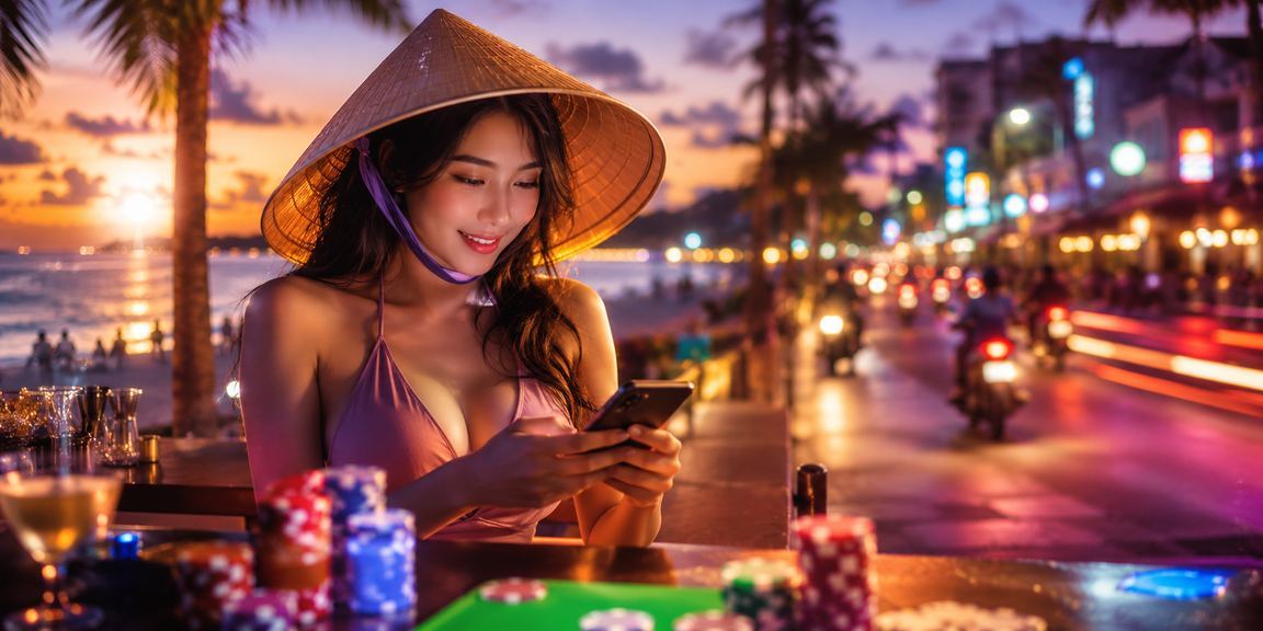 Người phụ nữ đội nón lá tại Phú Quốc chơi game bài trực tuyến dưới bóng mát buổi trưa